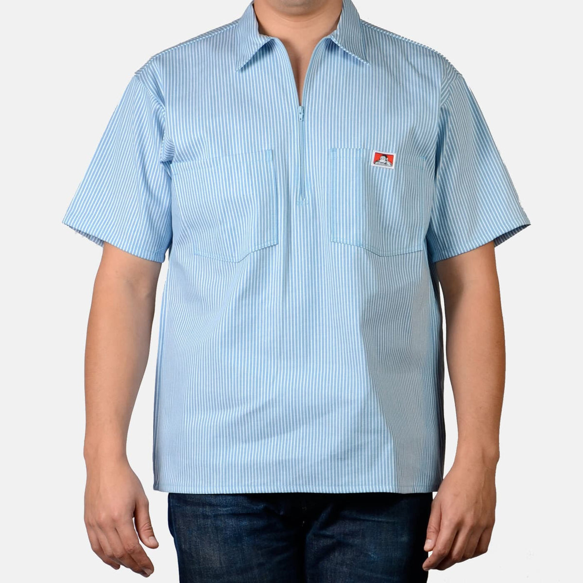 Ben Davis Men&#39;s 1/2 Zip Short Sleeve Work Shirt_Blue Stripes - Work World - Workwear, Work Boots, Safety Gear