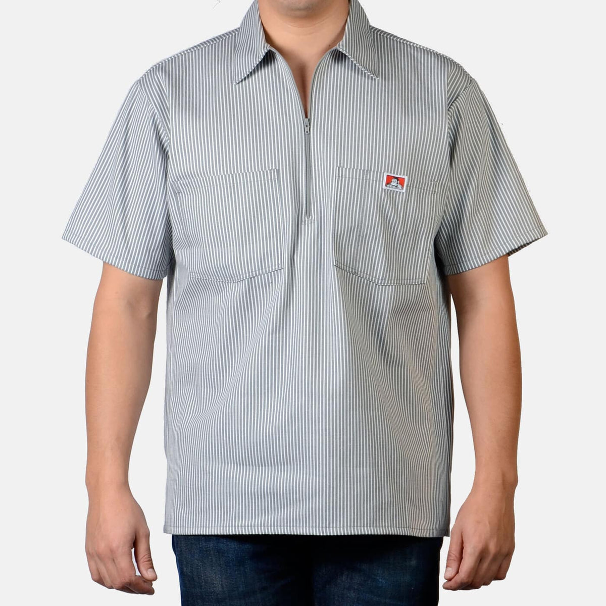 Ben Davis Men&#39;s 1/2 Zip Short Sleeve Work Shirt_Grey Stripes - Work World - Workwear, Work Boots, Safety Gear