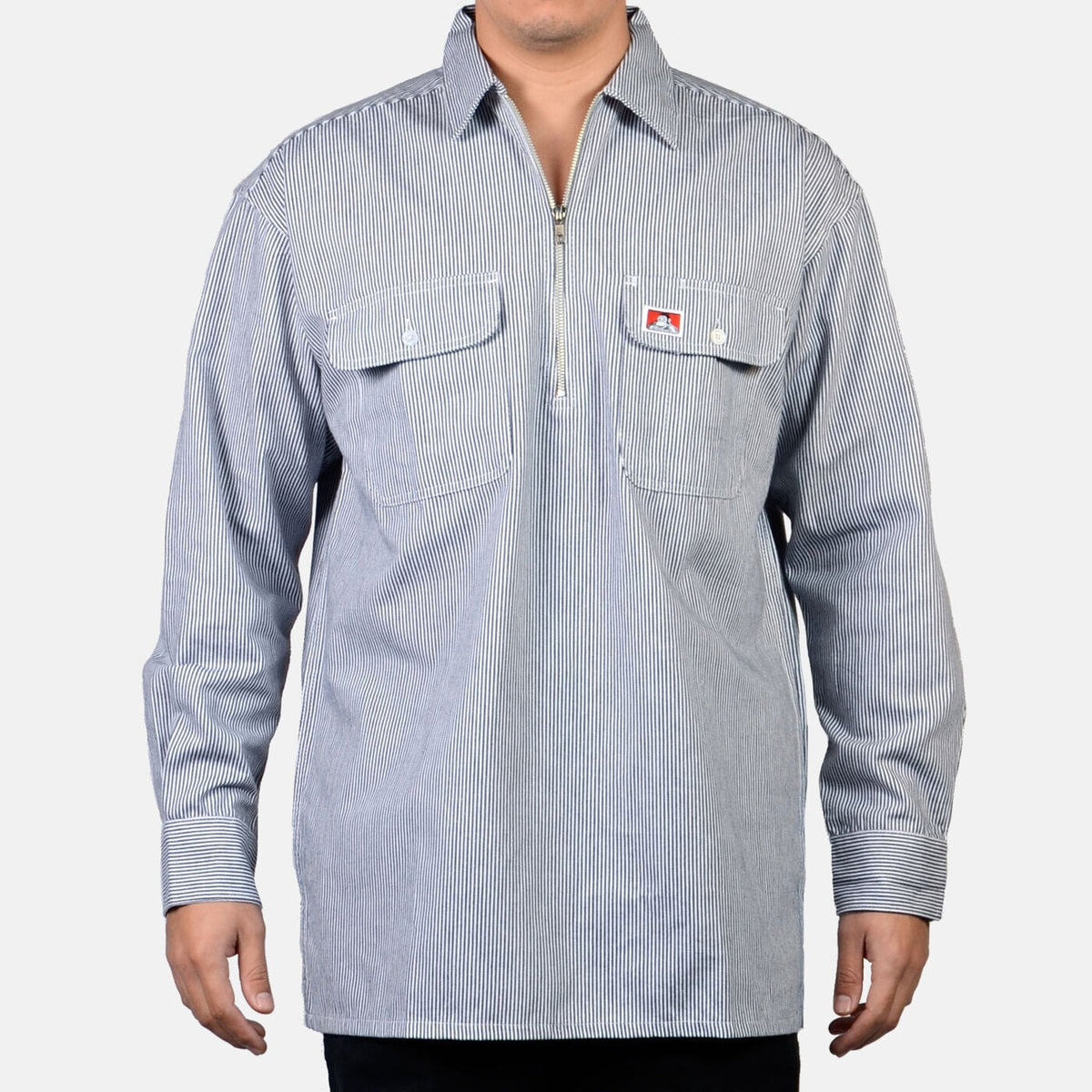 Ben Davis Men&#39;s 1/2 Zip 100% Cotton Long Sleeve Work Shirt_Hickory - Work World - Workwear, Work Boots, Safety Gear