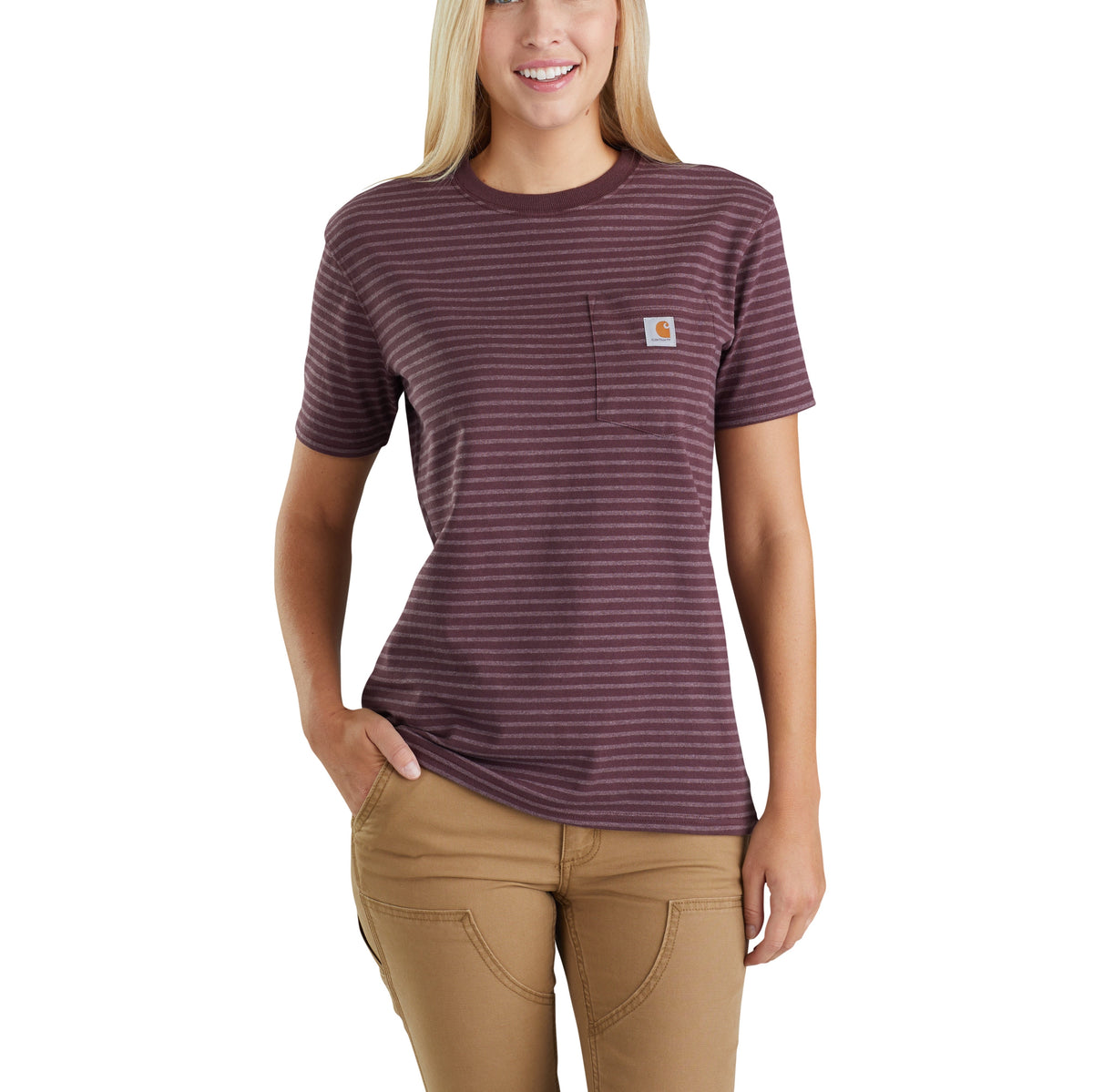 Carhartt Women&#39;s Short Sleeve Pocket T-Shirt_Deep Wine Stripe - Work World - Workwear, Work Boots, Safety Gear