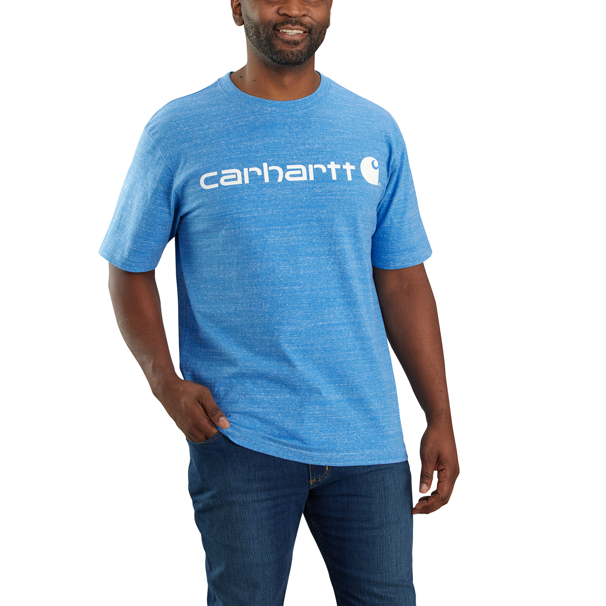 Carhartt Men&#39;s Signature Logo Short Sleeve T-Shirt_Blue Lagoon Snow Heather - Work World - Workwear, Work Boots, Safety Gear