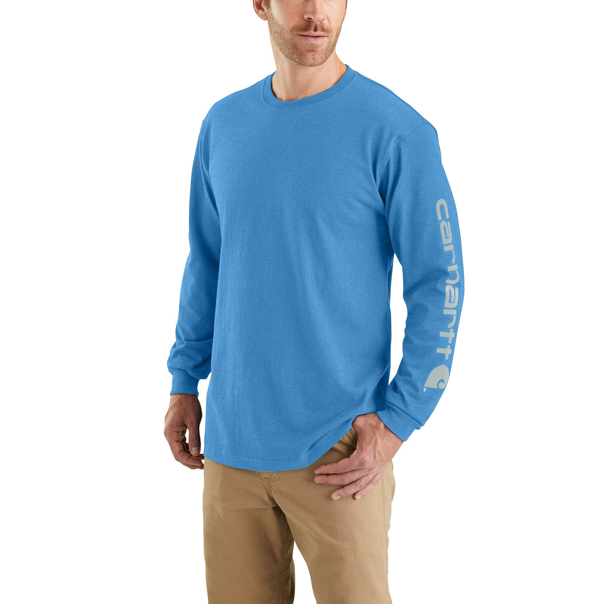 Carhartt Men&#39;s Signature Logo Long Sleeve T-Shirt_Blue Lagoon Heather - Work World - Workwear, Work Boots, Safety Gear