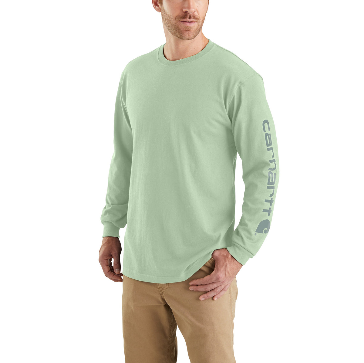 Carhartt Men&#39;s Signature Logo Long Sleeve T-Shirt_Soft Green - Work World - Workwear, Work Boots, Safety Gear
