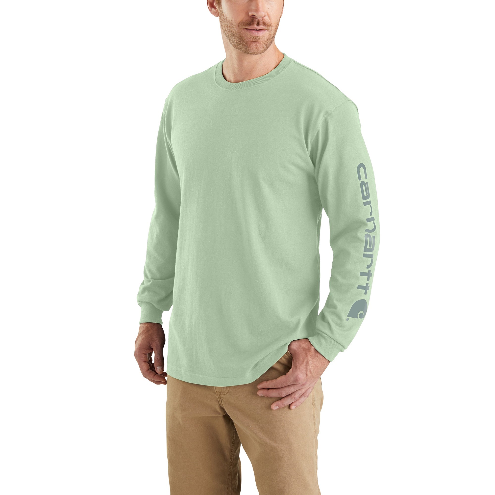 Carhartt Men's Signature Logo Long Sleeve T-Shirt_Soft Green - Work World - Workwear, Work Boots, Safety Gear