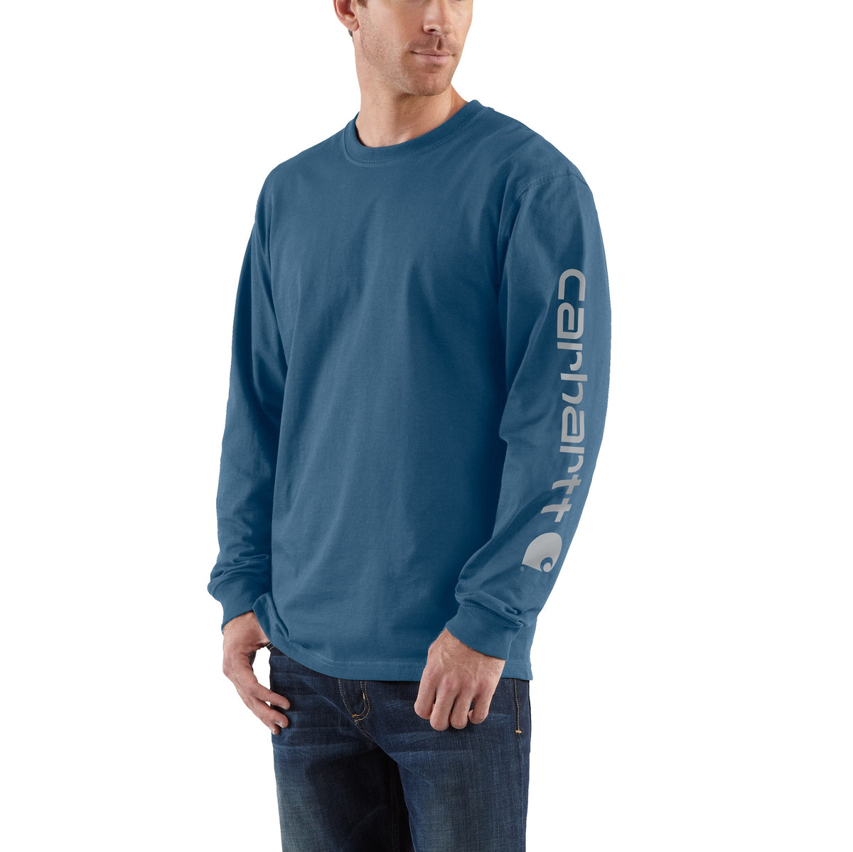 Carhartt Men&#39;s Signature Logo Long Sleeve T-Shirt_Stream Blue - Work World - Workwear, Work Boots, Safety Gear