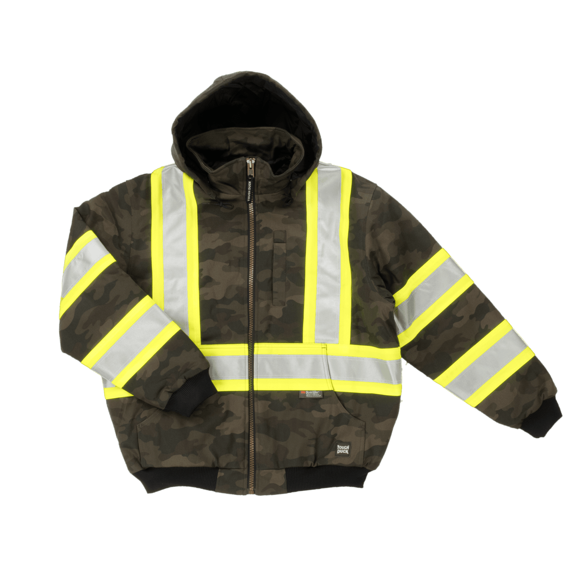 Tough Duck Men&#39;s Camo Flex Duck C1 Hi-Vis Hooded Safety Bomber - Work World - Workwear, Work Boots, Safety Gear