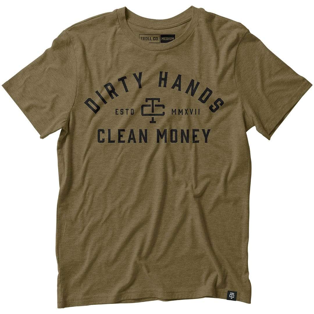 Troll Co. Men's DHCM Classic "Dirty Hands Clean Money" Crewneck Tee_Military Green - Work World - Workwear, Work Boots, Safety Gear