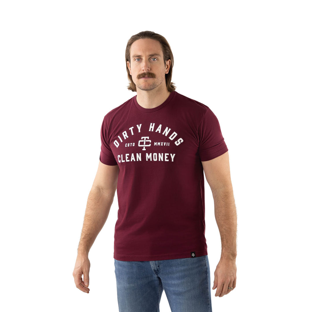 Troll Co. Men&#39;s DHCM Classic &quot;Dirty Hands Clean Money&quot; Short Sleeve Crewneck T-Shirt_Maroon - Work World - Workwear, Work Boots, Safety Gear