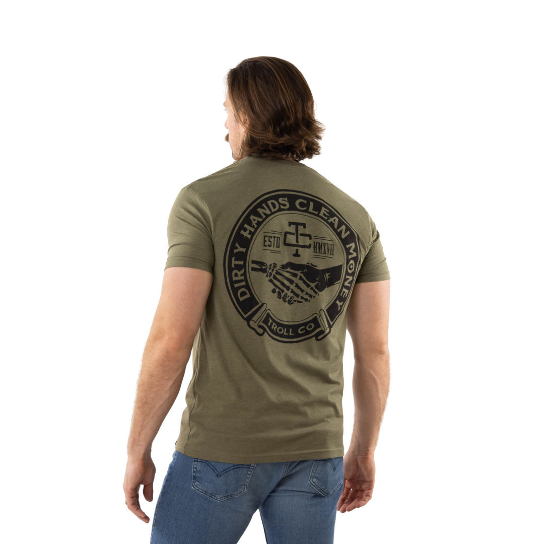 Troll Co. Men&#39;s Haggler &quot;Dirty Hands Clean Money&quot; Short Sleeve Crewneck Tee_Military Green - Work World - Workwear, Work Boots, Safety Gear