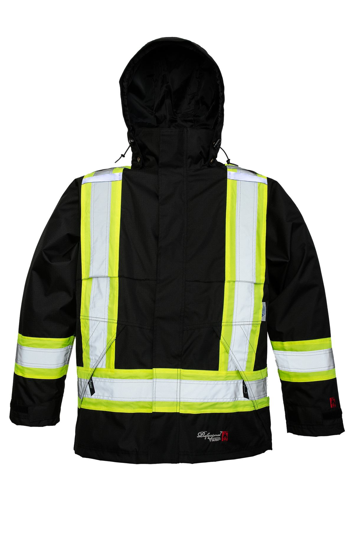 Viking Men's Professional® Journeyman Hi-Vis Class 1 Waterproof FR Trilobal Rip-Stop Hooded Jacket Rainwear Viking Black 2XL Reg