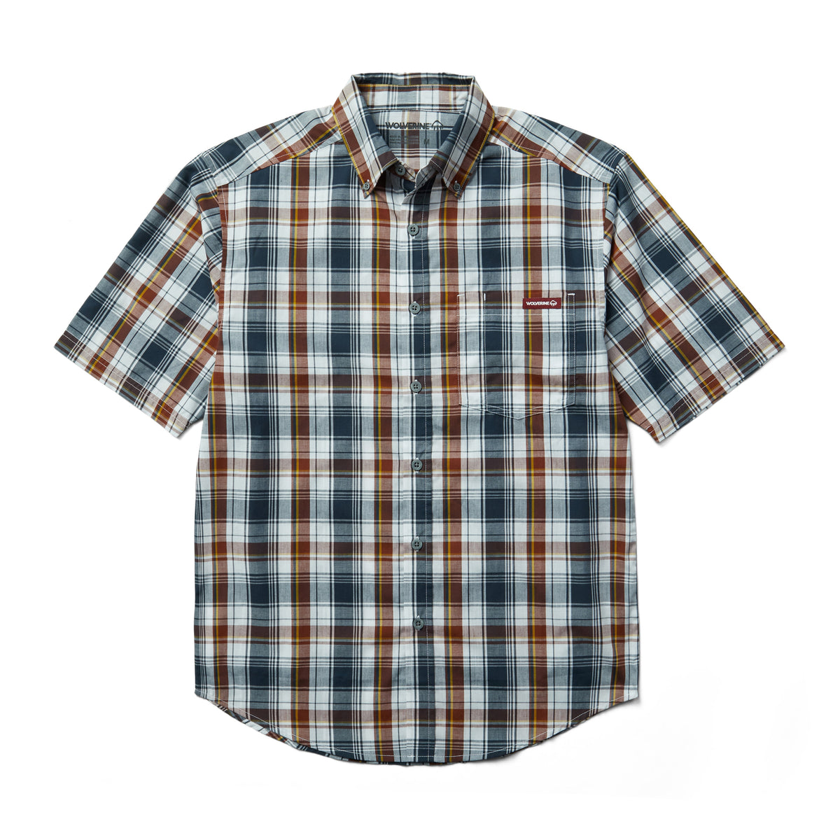 Wolverine Men's Mortar Short Sleeve Shirt Work Shirts Wolverine Mahogany Plaid 2XL Reg